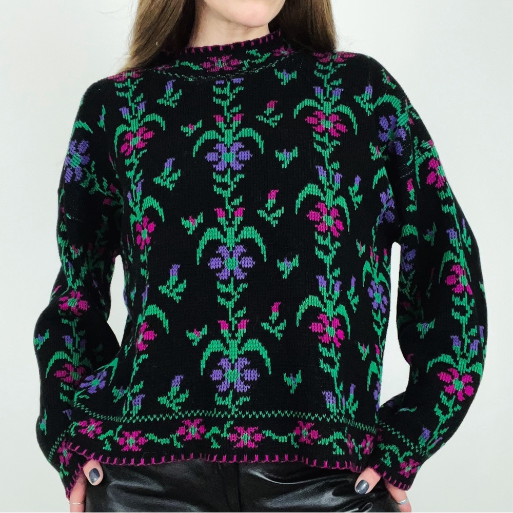 Vintage Instarsia Botanical Knit Mockneck Sweater | Size L